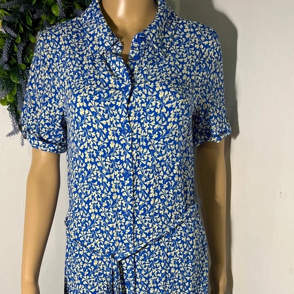 Marquis, S,pocketed leaf print full button front cuff short sleeve belted midi - Picture 8 of 9